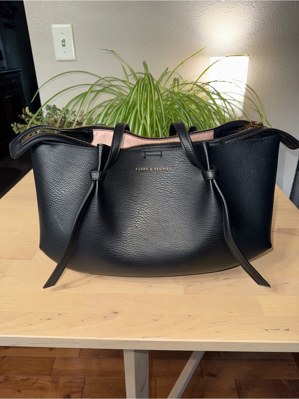 Poppy & Peonies Black Pebbled Leather Tote with Pink Interior